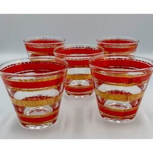 Vintage Set of 5 Red and 22k Gold Culver Alberto Double Old Fashion Glasses GUC
